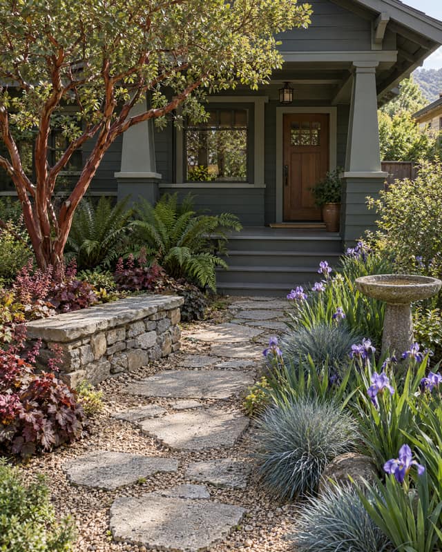 Concept render of a front yard with a manzanita, ferns, iris, a stone seat wall, and a stepping-stone path.