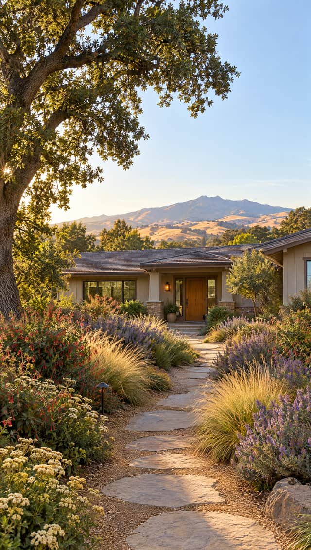 Concept render of a front yard with a stone entry path under a coast live oak, with low-water perennials and grasses.