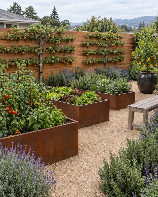 Concept render of a back yard with corten raised beds, espaliered apples, and a Meyer lemon.