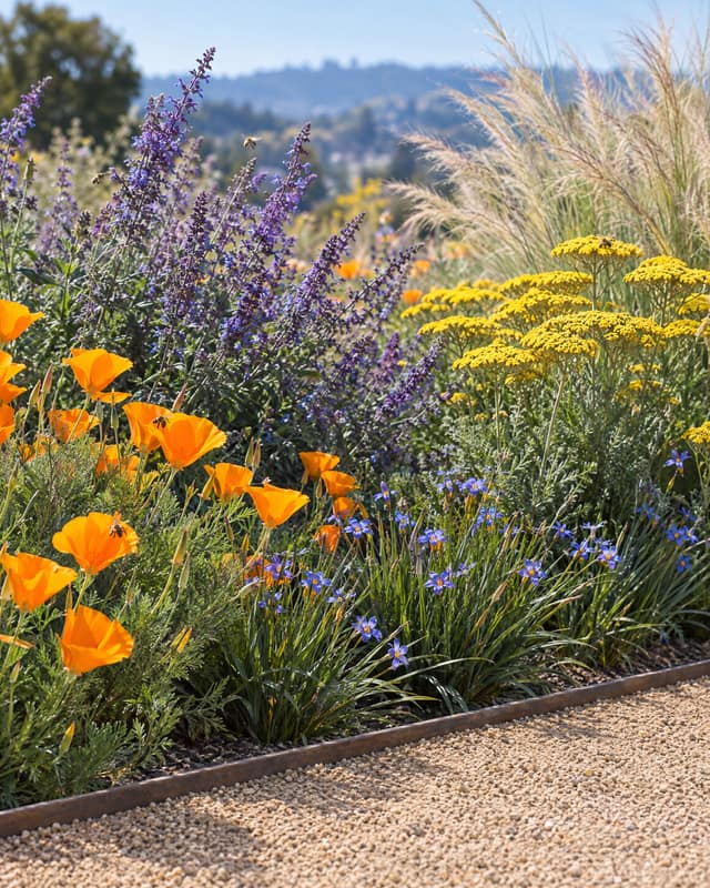 Concept render of a front yard border with California poppies, sage, yarrow, and blue-eyed grass.