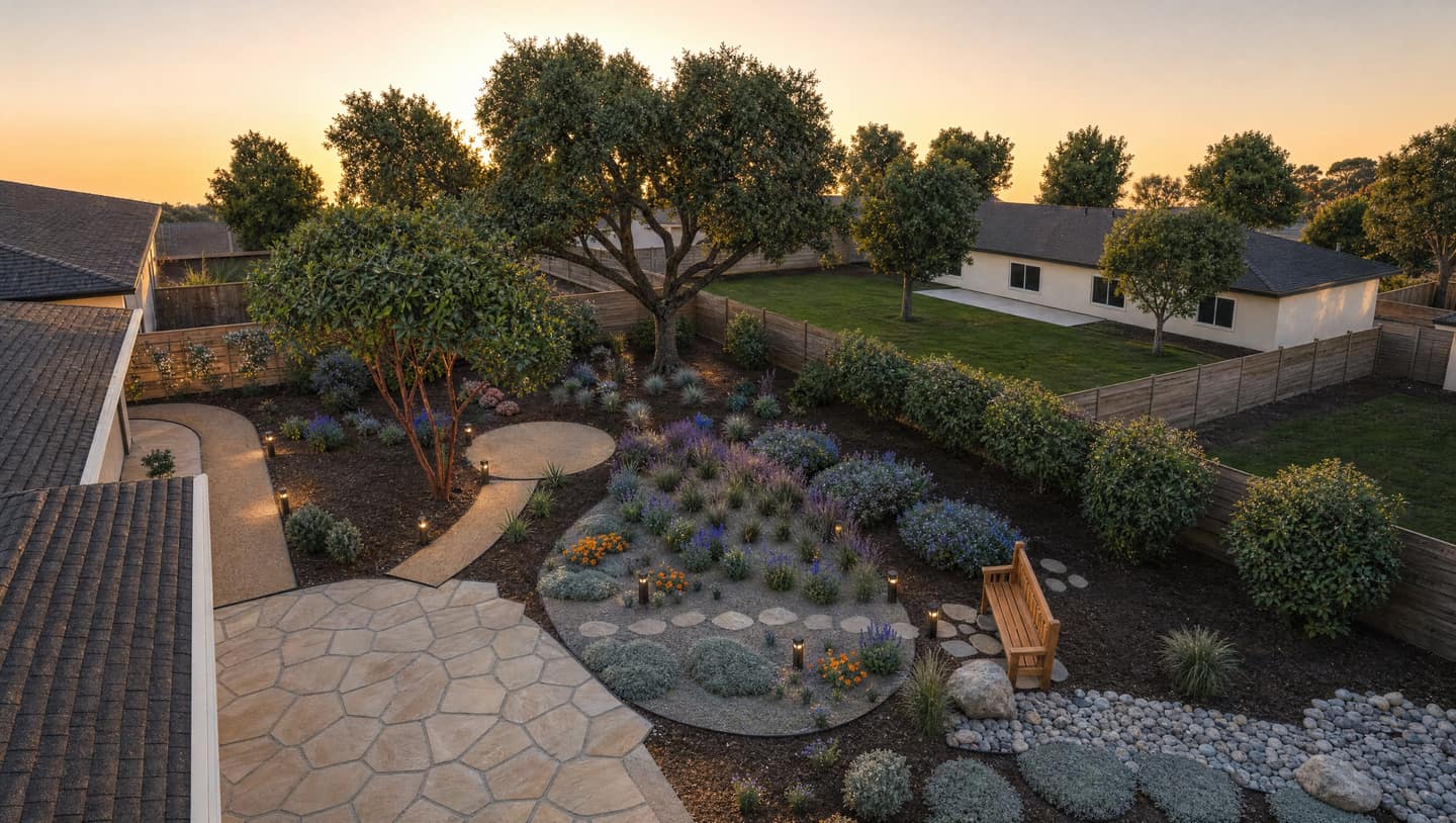 Concept render of the sample plan's back yard from above at golden hour: a flagstone patio, a gravel garden in drifts, a cedar bench by a dry creek, and a large coast live oak.