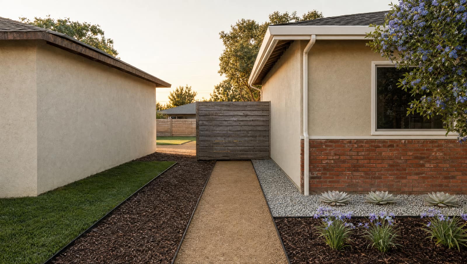 Concept render of a narrow side yard with a decomposed granite path to a wood gate, gravel along the house, and iris.